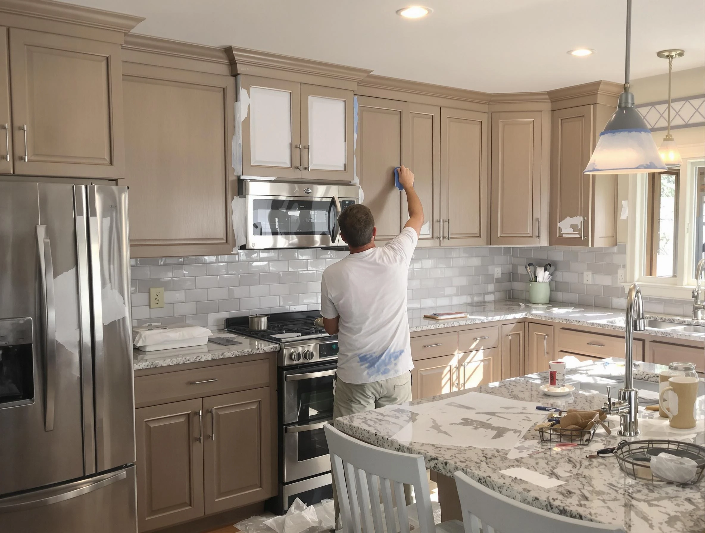 Before-and-after view of kitchen painting by Goodyear House Painters in Goodyear